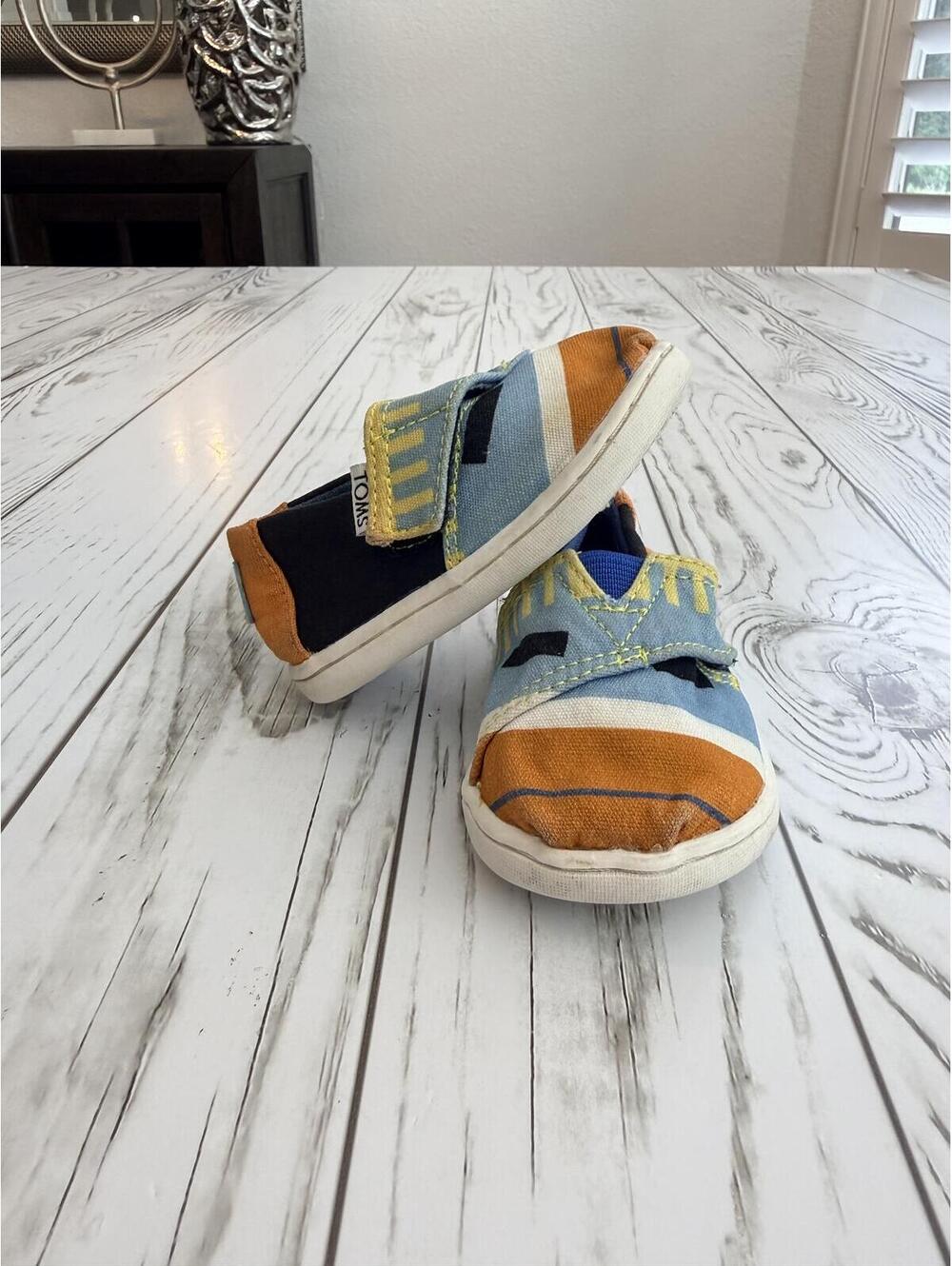 TOMS Toddler 4 Tiny Alpargata Velcro Canvas Orange Blue Stripe Shoes